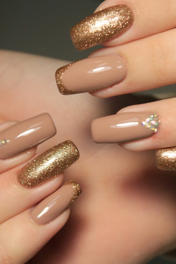 French Manicure With Gold Sequins