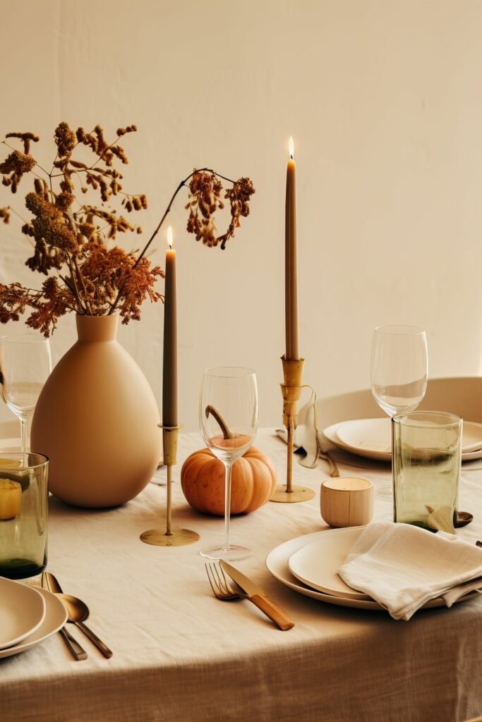 Dried Flowers, Candles And Pumpkin Table Setting