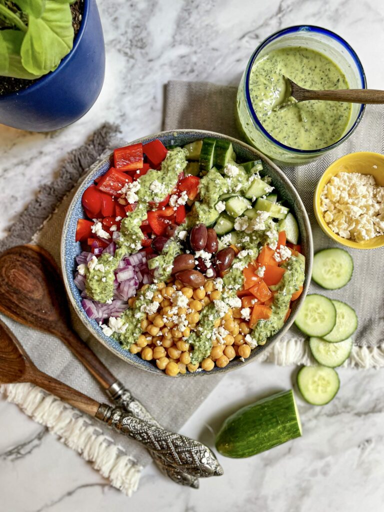 Greek Chickpea Salad with Green Goddess Dressing