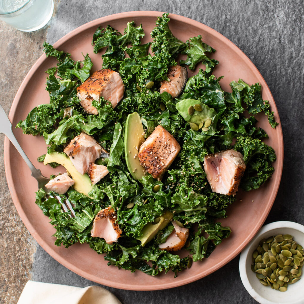 Kale Salad with Pan Seared Salmon