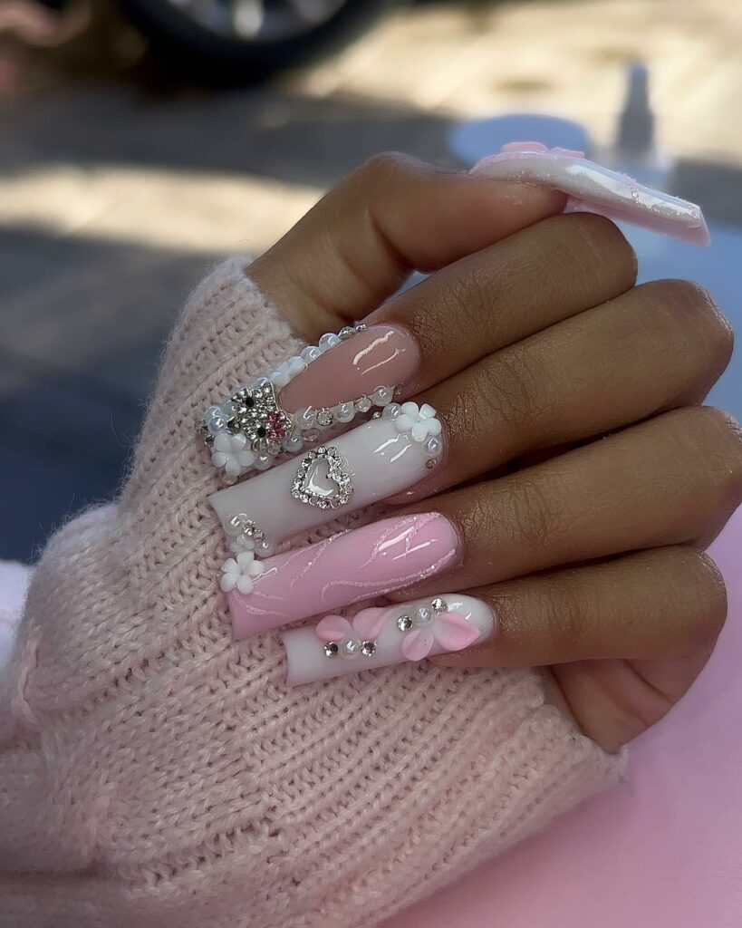 French Baby Pink And White Glitter Nail Design