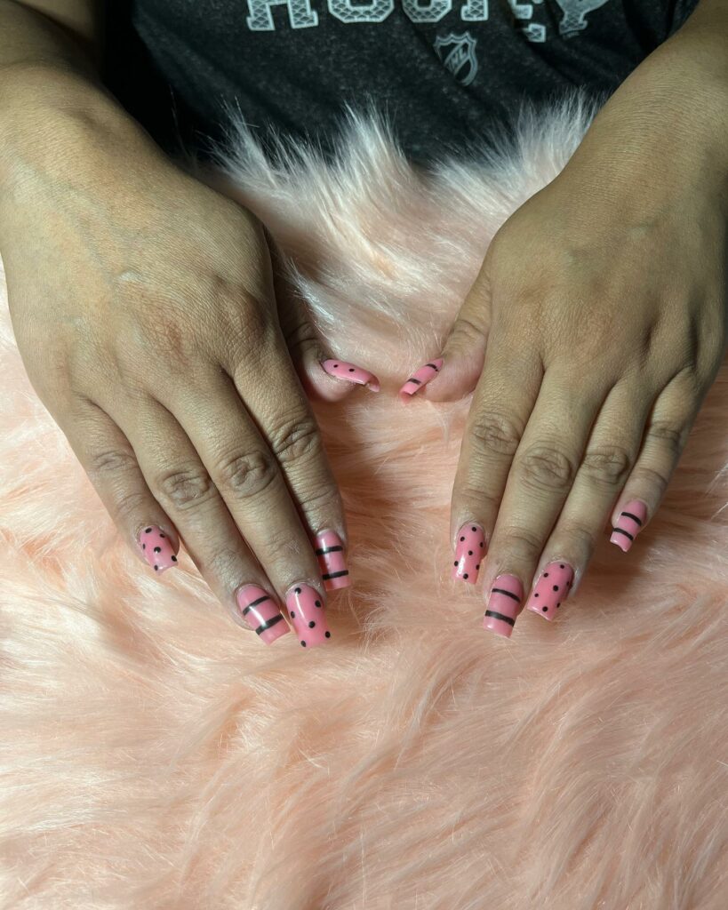 Stripes And Dot Pink Nail Design