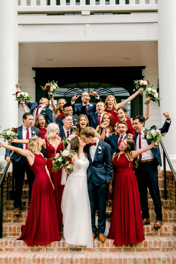 Stunning Burgundy Bridesmaids And Navy Blue Groomsmen