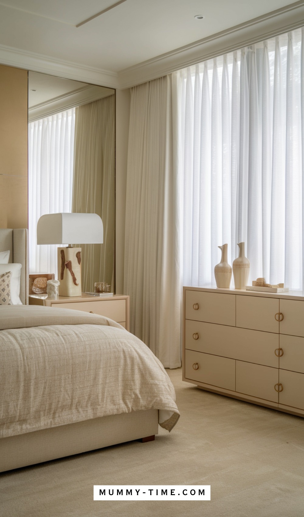 Nude And White Bedroom Decor With Stylish Dresser