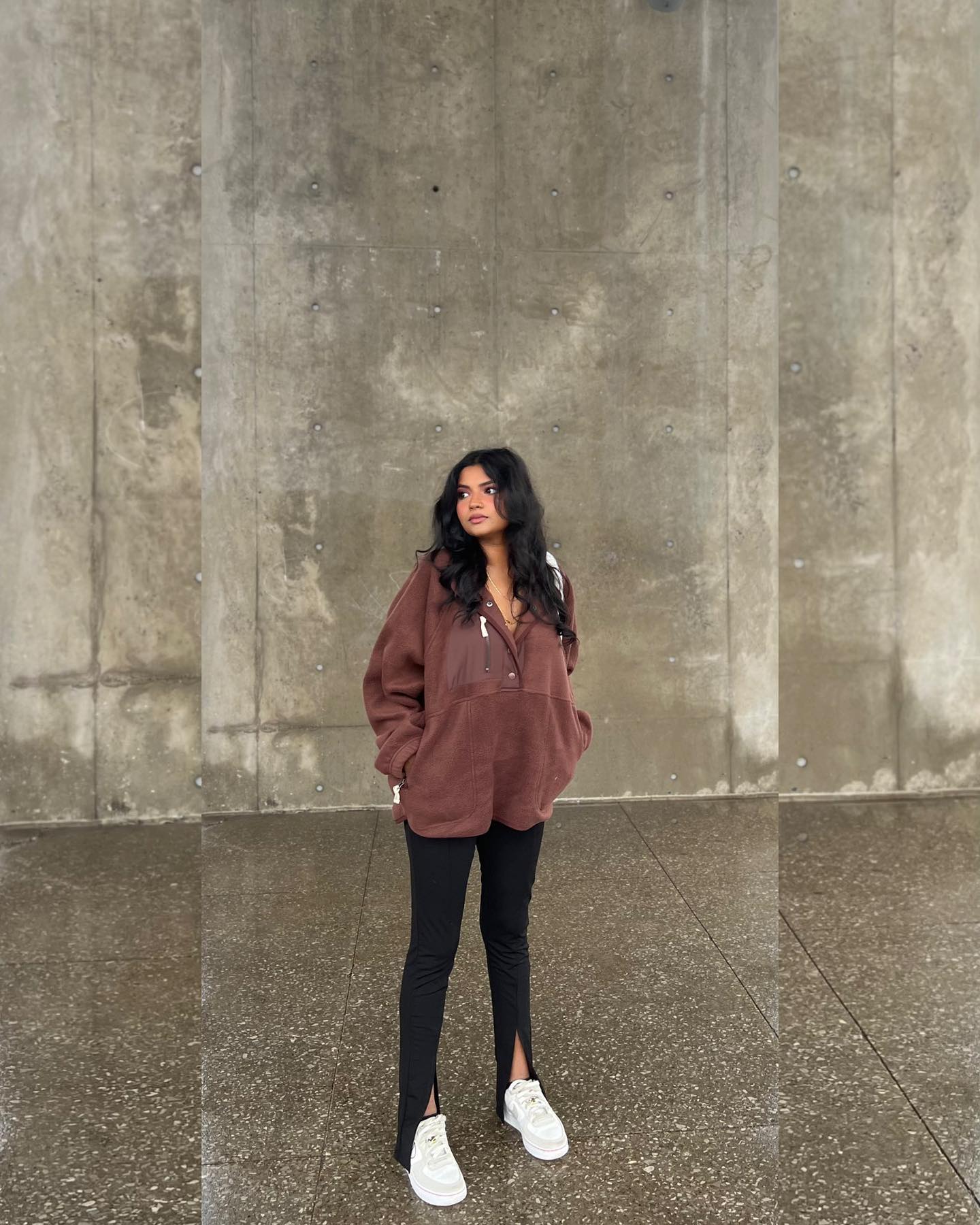 Black jeans and a maroon hoodie