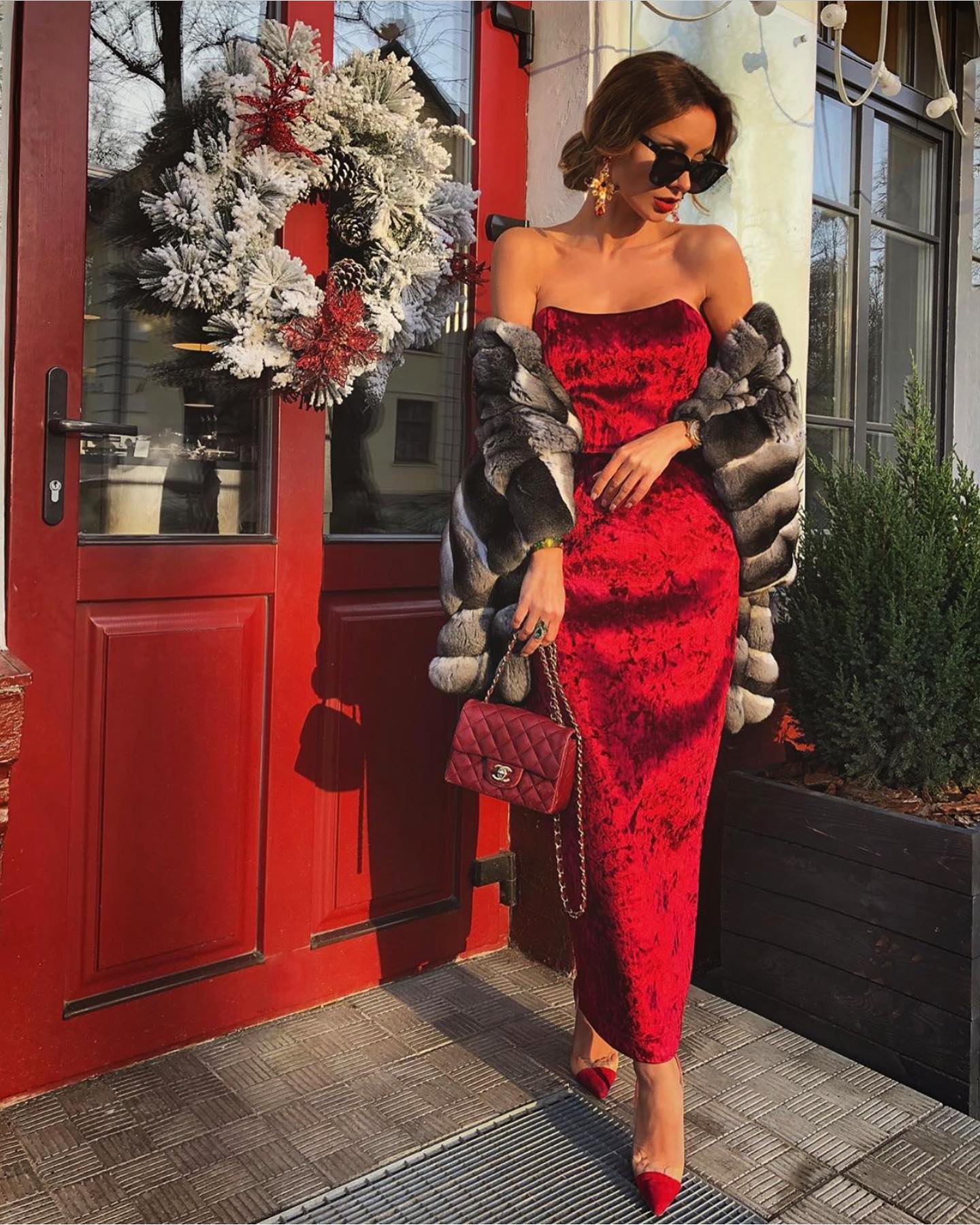 Sleeveless Red Dress with Fur Coat