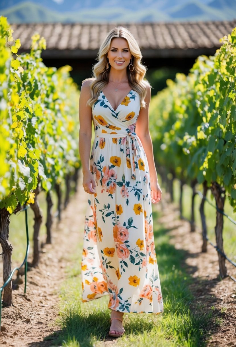 A woman in a floral maxi dress strolls through a vineyard, surrounded by grapevines and a rustic winery setting