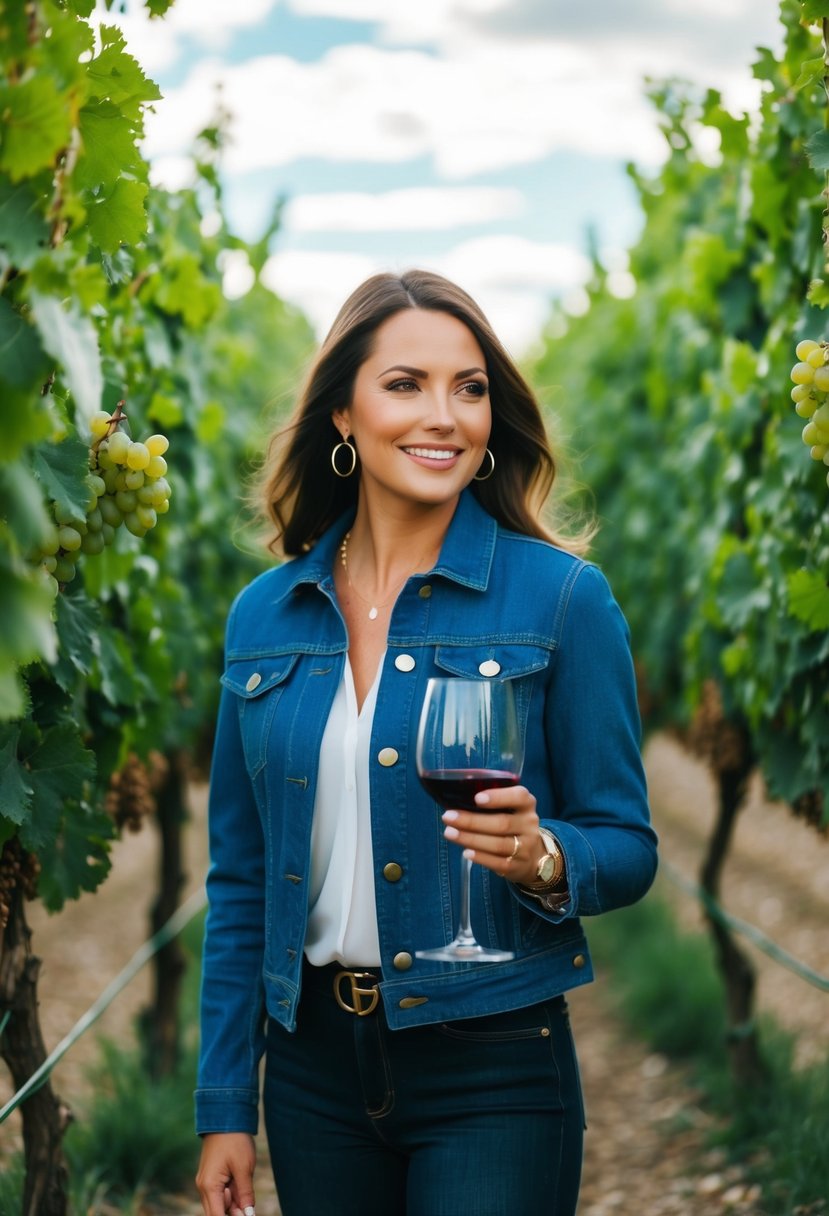 A woman wearing a denim jacket stands among rows of grapevines at a winery, with a glass of wine in hand