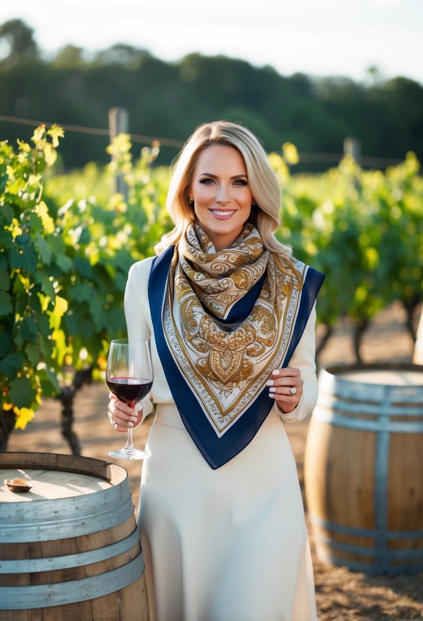 A woman wearing a printed scarf stands in a vineyard, surrounded by grapevines and wine barrels, with a glass of wine in hand