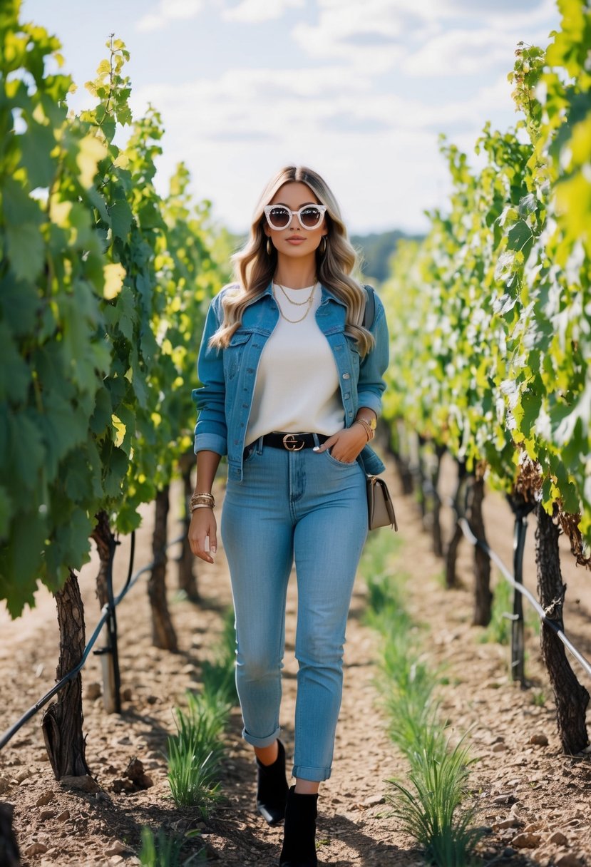 A woman wearing oversized sunglasses stands among rows of grapevines at a winery, with a casual and stylish outfit