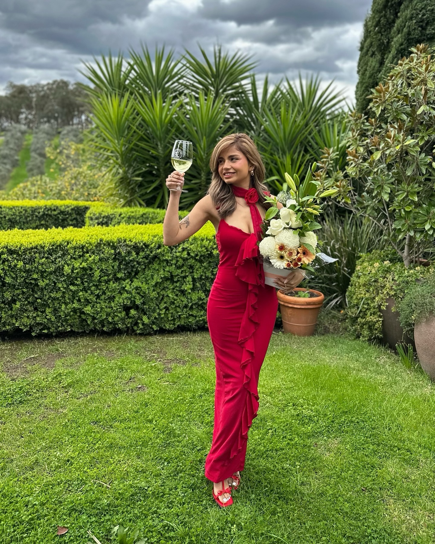Red Winery Dress With Rose Neck Piece