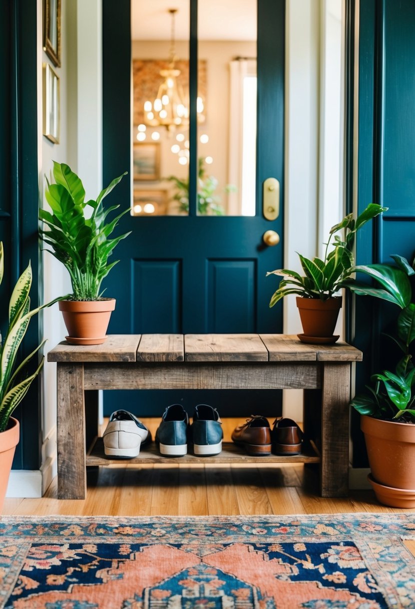 A rustic shoe bench sits in a welcoming foyer, surrounded by potted plants and a vintage rug