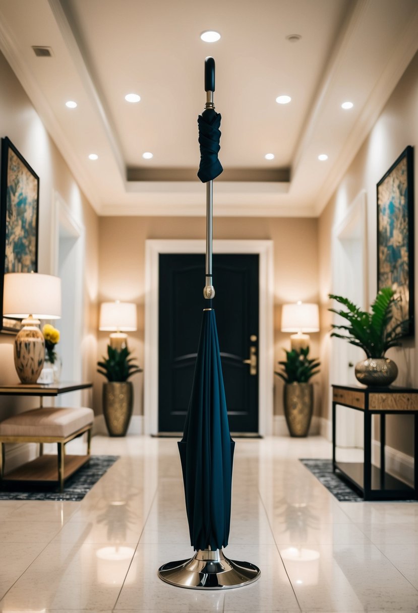 A sleek, modern umbrella stand sits in a stylish foyer, surrounded by artistic decor and elegant furniture