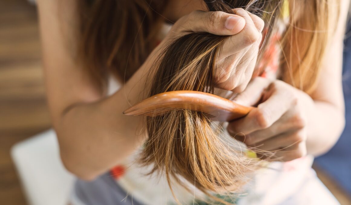 Woman combing tangled hair, Hair problems concept